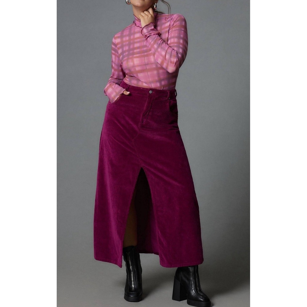 Anthropologie Pilcro Madi FrontSlit Corduroy Maxi Skirt Magenta Sz 2 Boho A-Line